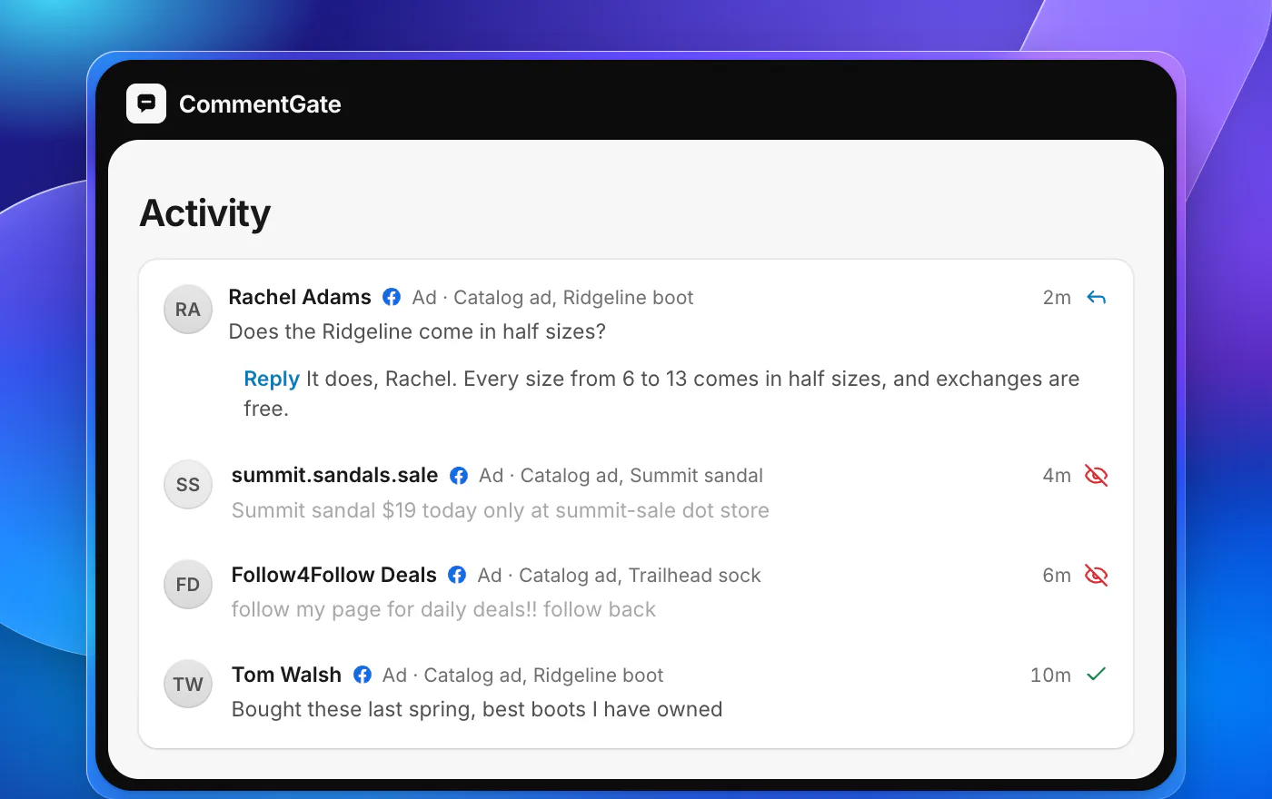 CommentGate Activity with comments from a Facebook catalog ad showing three different products: a question about half sizes on the Ridgeline boot has a reply, a lookalike store link on the Summit sandal is hidden, a spam account on the Trailhead sock is hidden, and praise on the Ridgeline is left up.