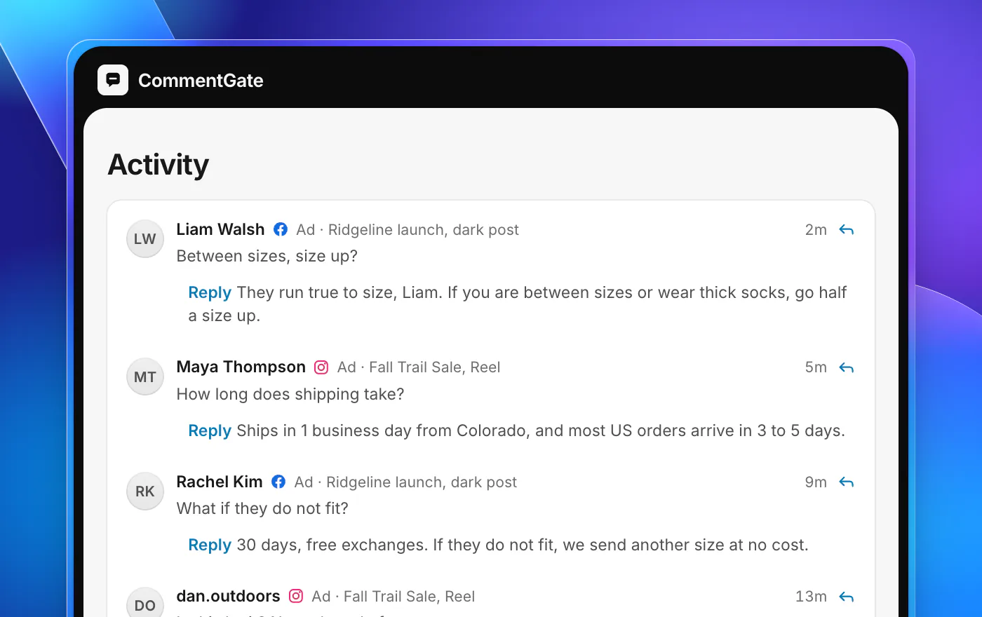 CommentGate Activity with four questions from ads, each marked Replied: a sizing question, a shipping question, a returns question and an is-this-legit question, with the reply shown under each.