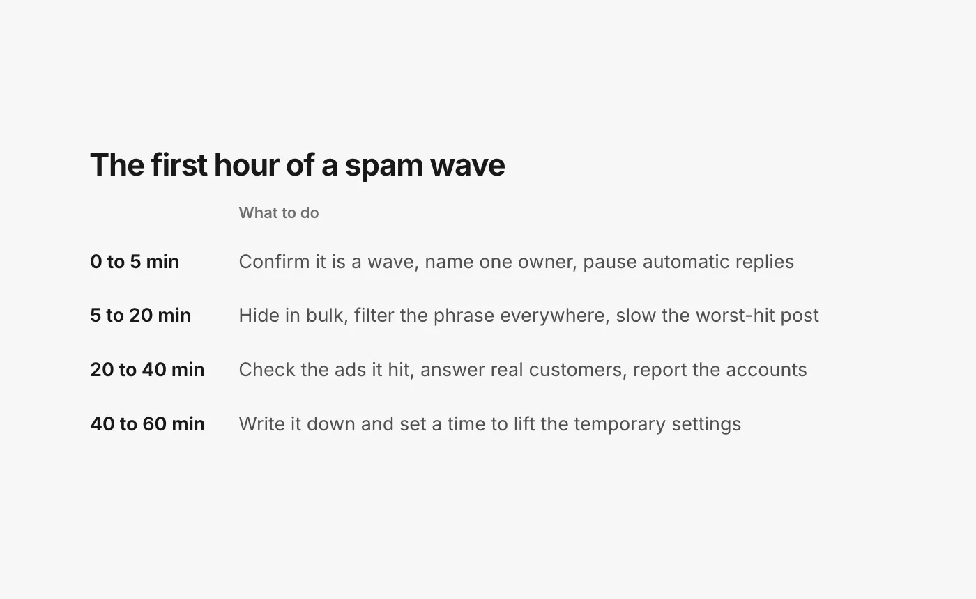 A table titled The first hour of a spam wave. Minutes 0 to 5: confirm it is a wave, name one owner, stop anything automatic that replies. Minutes 5 to 20: hide in bulk, add the repeated phrase to every filter, hold or pause comments on the worst-hit post. Minutes 20 to 40: check the ads it hit, report the accounts, answer real customers caught in the flood. Minutes 40 to 60: write down what happened and set a time to lift the temporary settings.