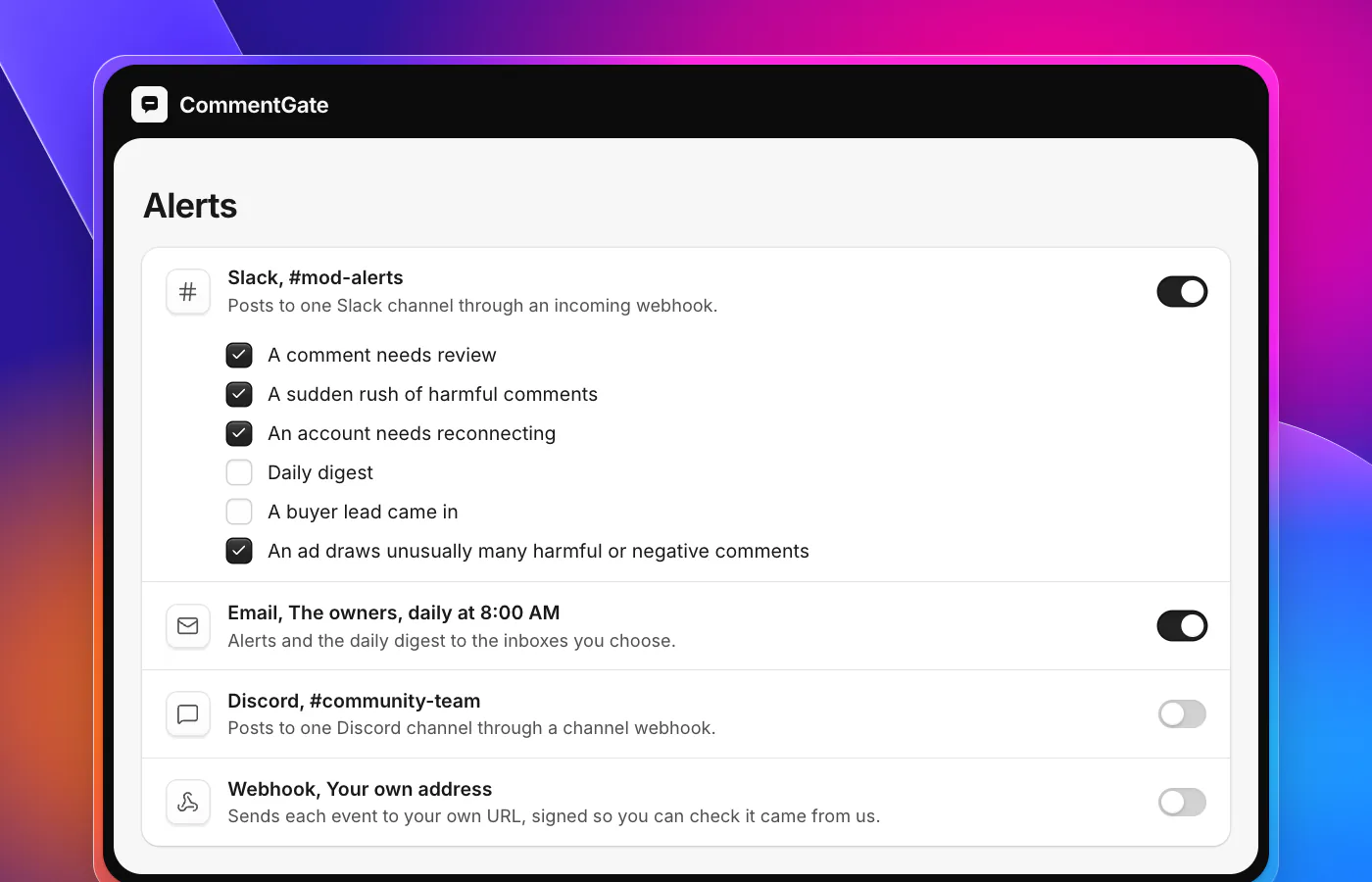 CommentGate alert settings: Slack posts to #mod-alerts when a comment needs review, when harmful comments suddenly rush in, when an account needs reconnecting and when an ad draws unusually many harmful or negative comments. Email goes to the owners daily at 8:00 AM.