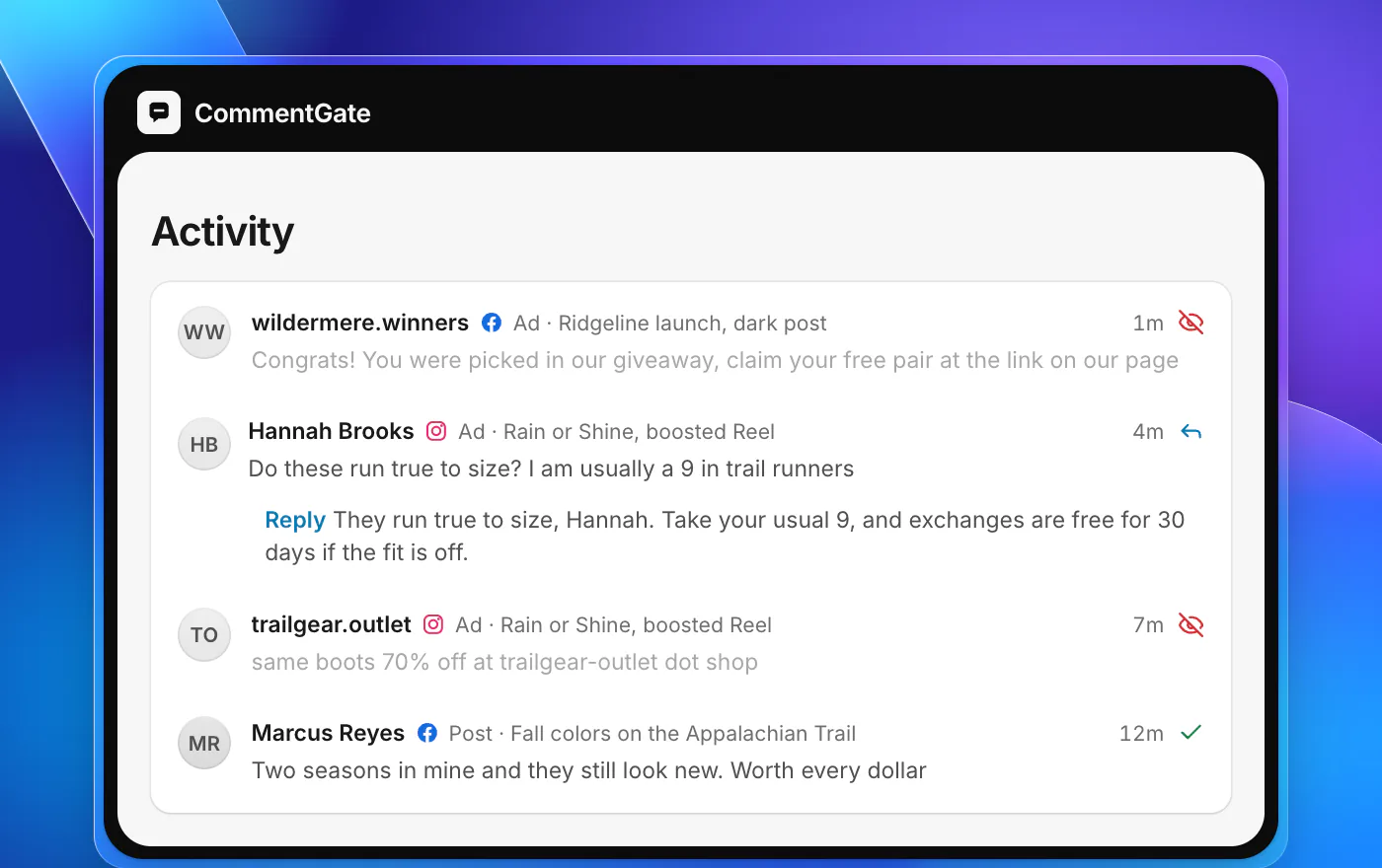 CommentGate Activity listing comments from three sources: a Facebook dark post for the Ridgeline launch, a boosted Instagram Reel and an organic Facebook post. A fake giveaway and a lookalike store link are hidden, a sizing question has a reply, and praise from a customer is left up.
