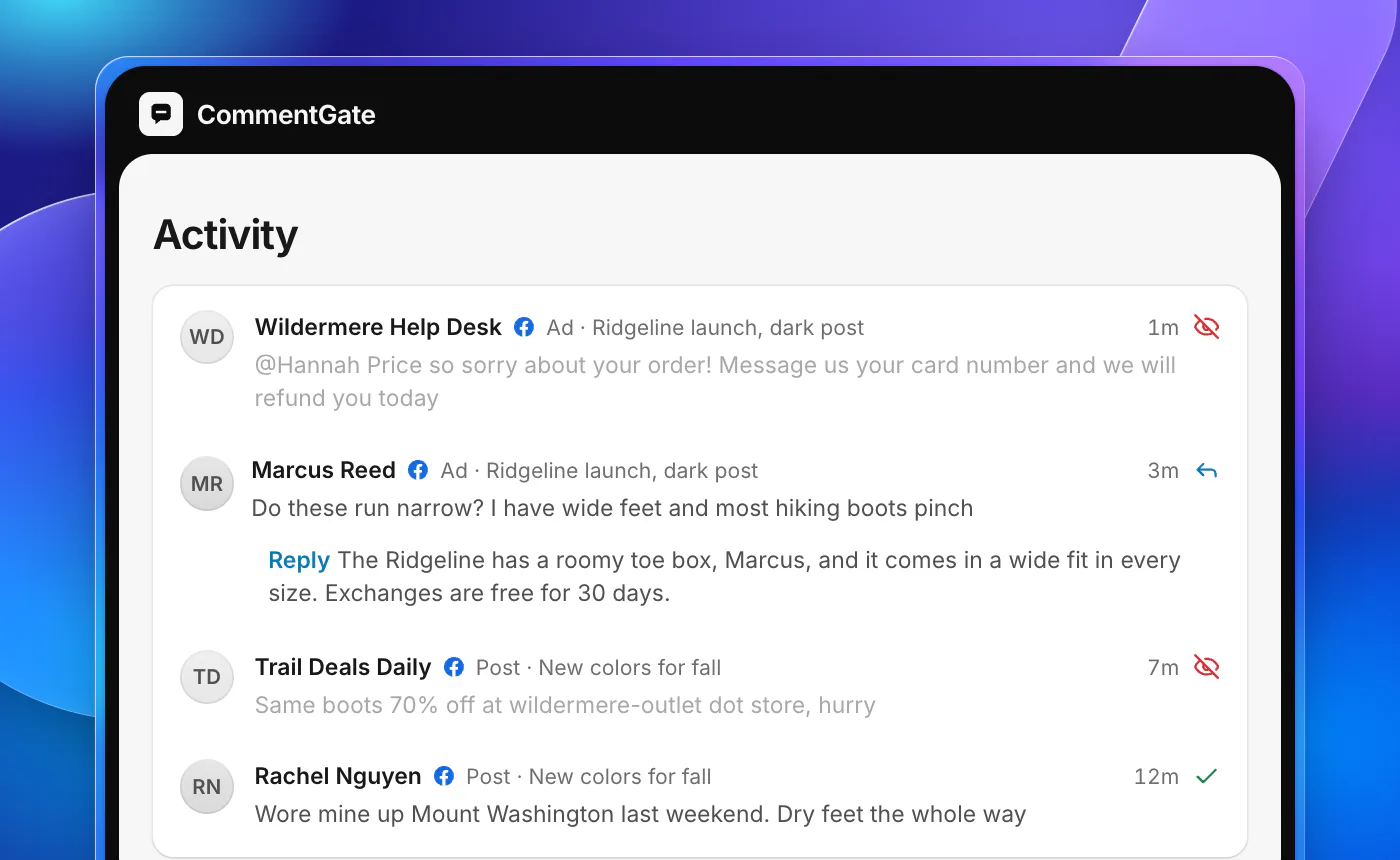 CommentGate Activity with four Facebook comments. On a dark post ad, a fake support reply asking for card details is hidden and a question about whether the boot runs narrow has a reply. On a Page post, a link to a lookalike store is hidden and a happy customer’s comment is kept.