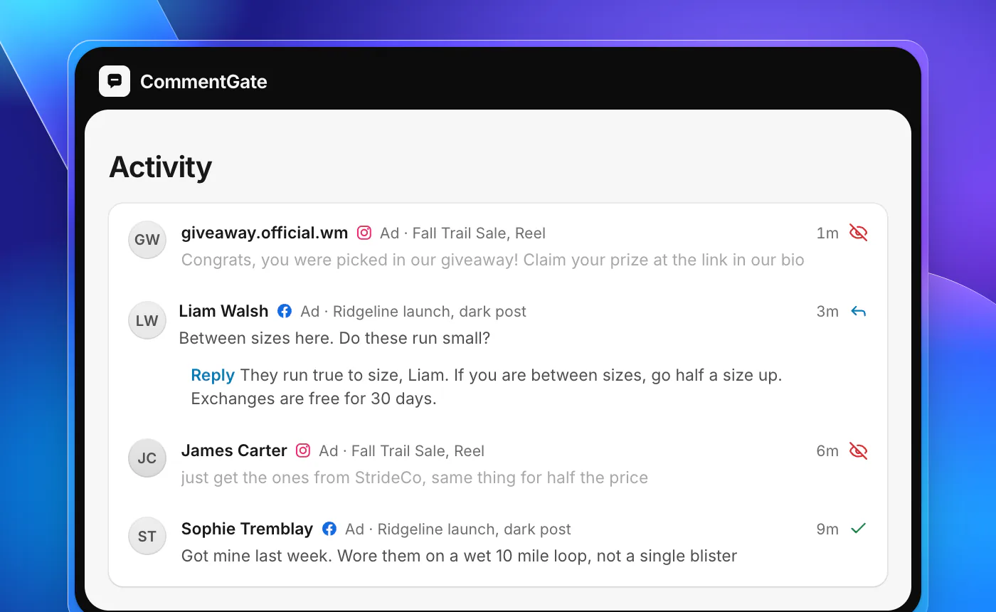 CommentGate Activity showing comments from a dark post and an Instagram Reel ad. A fake giveaway and a competitor plug are hidden, a sizing question has a reply.