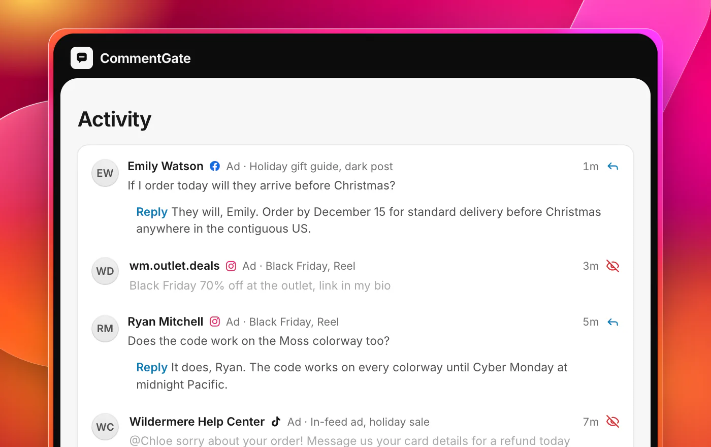 CommentGate Activity during a holiday sale. On a Facebook ad, a question about delivery before Christmas has a reply with the order-by date. On an Instagram Reel ad, a comment linking to a fake 70% off outlet is hidden, and a question about the discount code has a reply. On TikTok, a fake support account asking people to message it is hidden.