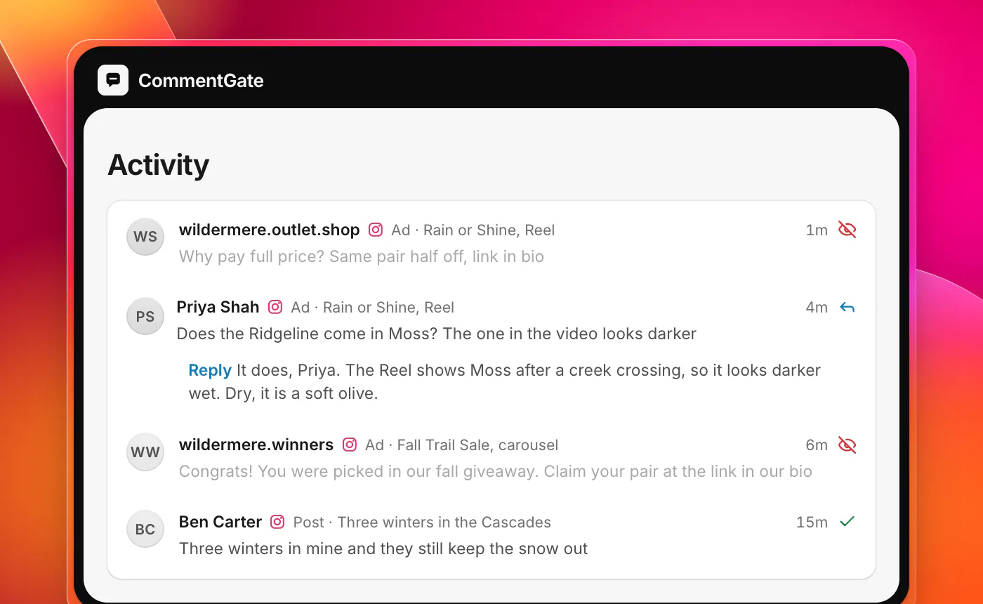 CommentGate Activity with four Instagram comments. On a Reel ad, a comment pointing to a lookalike store is hidden and a question about the Moss colour has a reply. On a carousel ad, a fake giveaway winner comment is hidden. On a Reel, a customer’s comment about wearing the boots for three winters is kept.