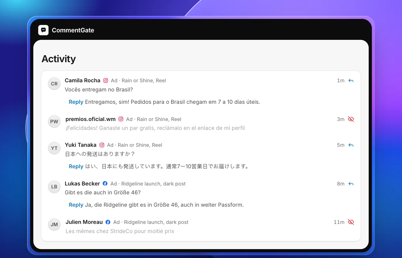 CommentGate Activity with comments in five languages. A Portuguese question about shipping to Brazil and a Japanese question about shipping to Japan have replies in Portuguese and Japanese. A German question about sizes has a reply in German. A Spanish fake giveaway and a French competitor plug are hidden.