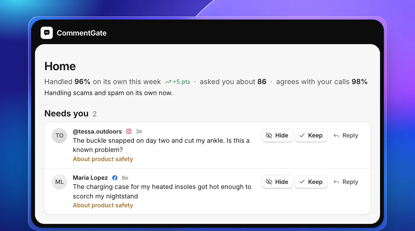 CommentGate Home with two comments waiting in Needs you, each with Hide, Keep and Reply. Under an Instagram ad, a customer says the buckle snapped on day two and cut her ankle. Under a Facebook ad, a customer says the charging case for her heated insoles got hot enough to scorch her nightstand. Both are marked About product safety.