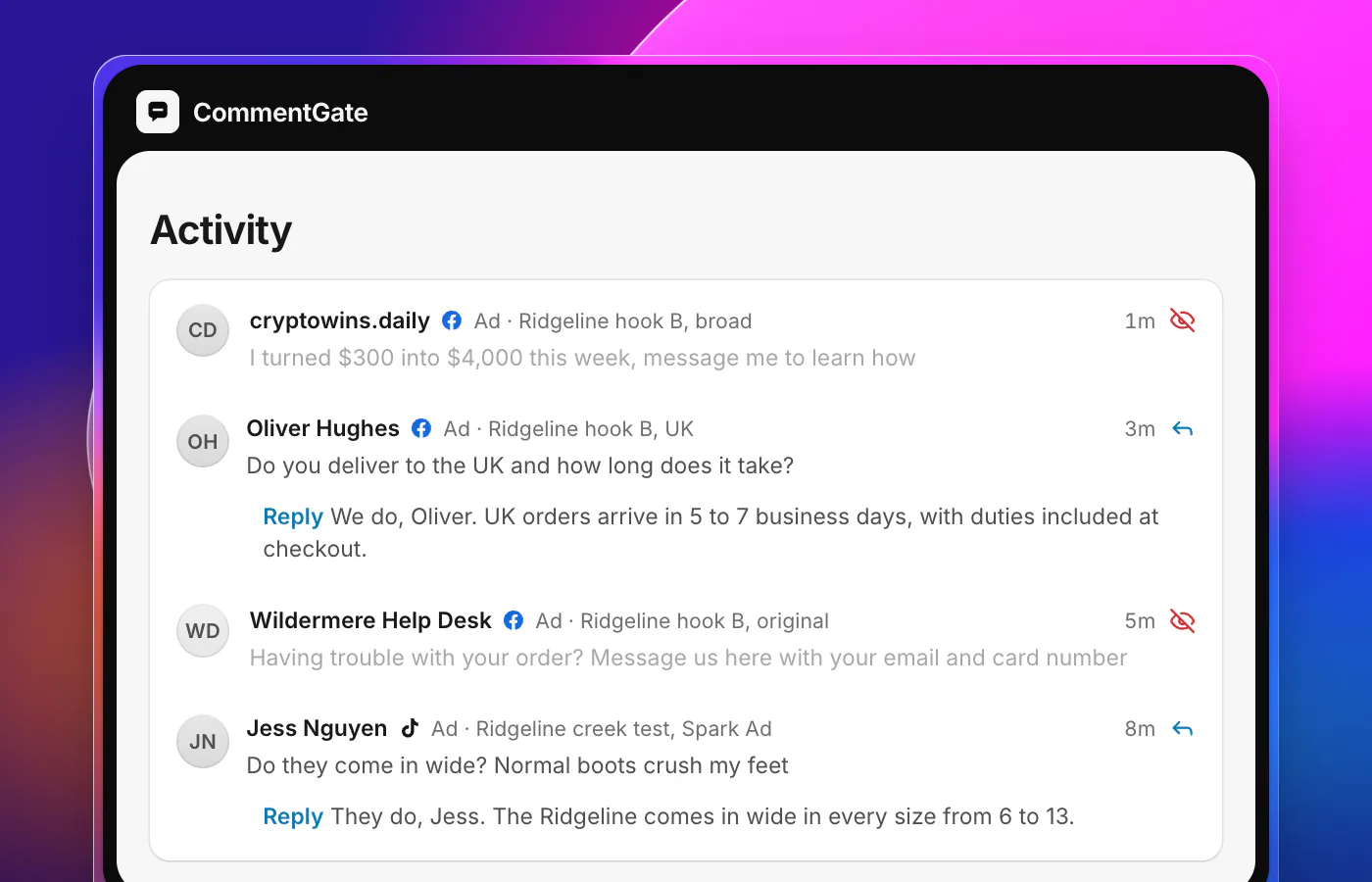 CommentGate Activity with comments from four copies of the same winning ad: the original dark post, a broad audience copy, a UK copy and a TikTok Spark Ad. A crypto pitch and a fake support account are hidden, a UK delivery question and a question about wide sizes have replies.