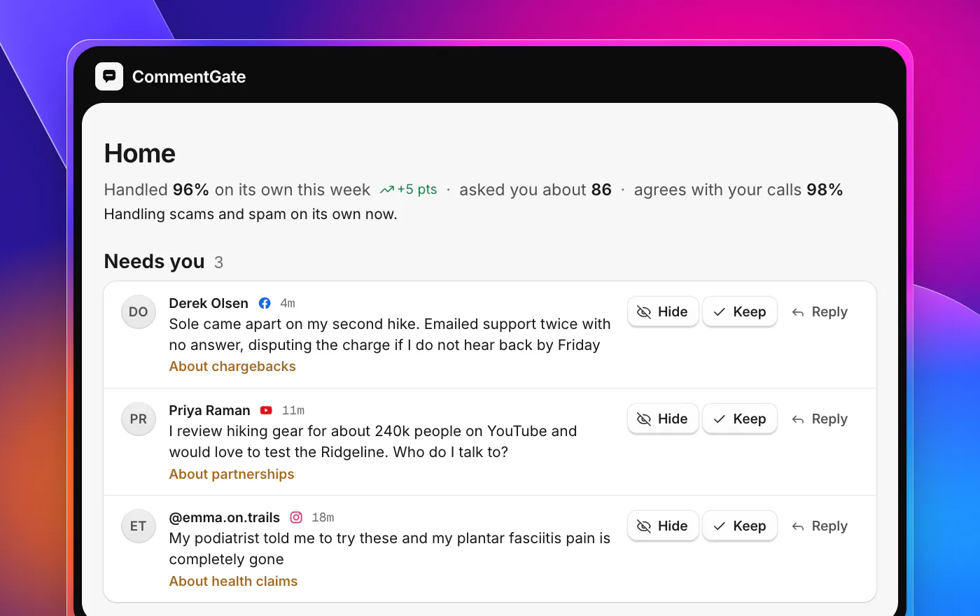 CommentGate Home with a Needs you list of three comments: a customer threatening a chargeback under a Facebook ad (About chargebacks), a YouTube reviewer asking about a partnership (About partnerships), and praise with a medical claim under an Instagram ad (About health claims).