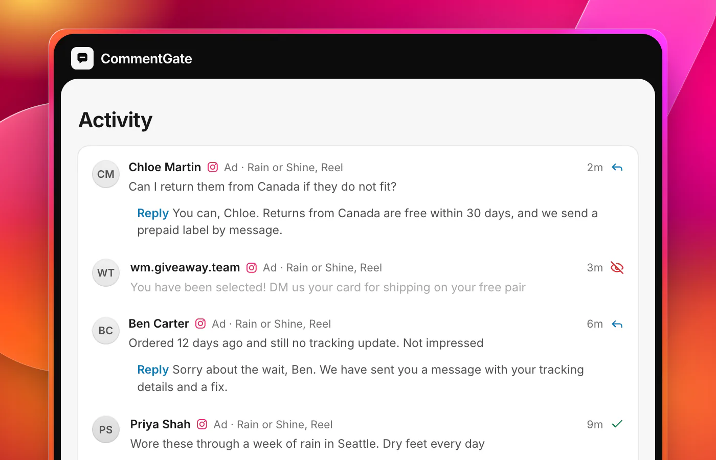 CommentGate Activity for one Instagram Reel ad. A question about returns to Canada has a reply, a complaint about a late order has a calm public answer, a happy customer is left up, and a fake giveaway and a copycat store link are hidden.