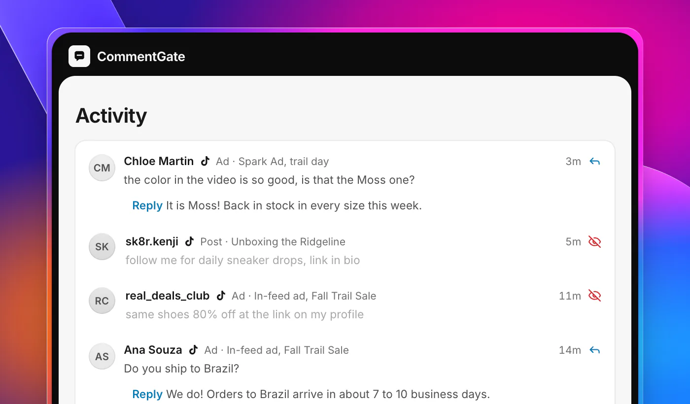 CommentGate Activity with four TikTok comments. On a Spark Ad, a question about the Moss colour has a reply. On an organic unboxing video, a follow-for-follow plug is hidden. On an in-feed ad, a fake 80% off link is hidden and a shipping question has a reply.