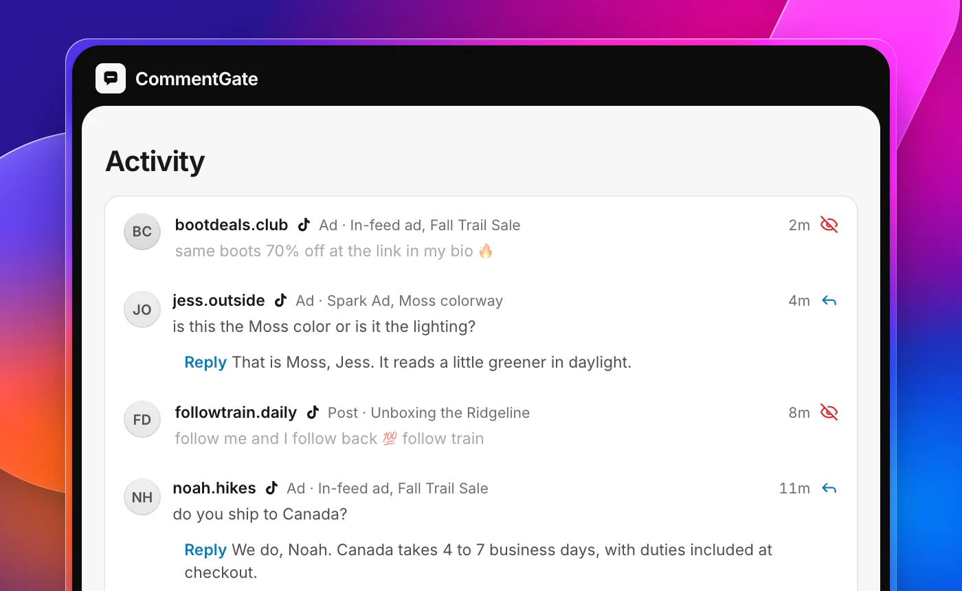 CommentGate Activity with four TikTok comments. On an in-feed ad, a link to a lookalike store offering 70% off is hidden. On a Spark Ad, a question about whether the boot comes in Moss has a reply. On an organic unboxing video, a follow-for-follow plug is hidden. On an in-feed ad, a shipping question to Canada has a reply.