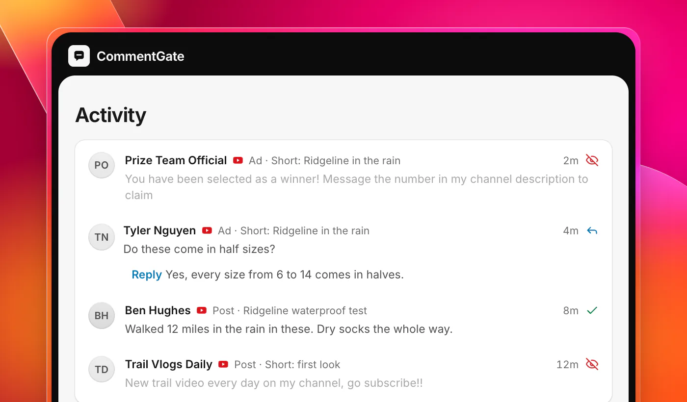 CommentGate Activity with four YouTube comments. On a Short running as an ad, a fake prize winner comment is hidden. On the same Short, a question about half sizes has a reply. On the long video Ridgeline waterproof test, praise about 12 dry miles in the rain is allowed. On another Short, a channel plug is hidden.