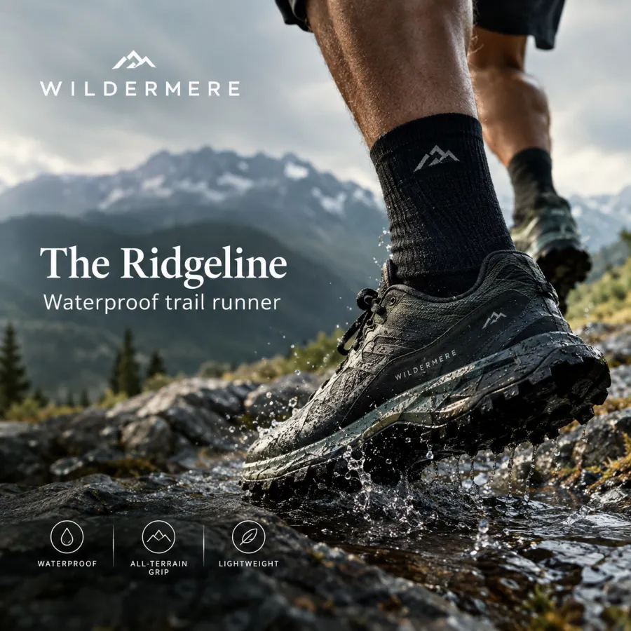 Ad: The Ridgeline, a waterproof trail runner, splashing through a mountain stream.