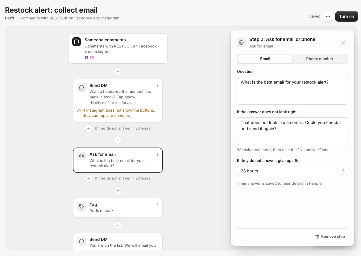 The Ask for email step open in the side panel, with the question, the message for answers that do not look right, and a 23 hour limit