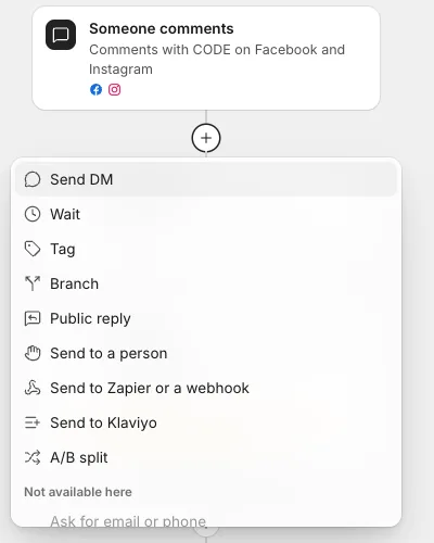 The + menu under the trigger, listing the steps you can add, with a Not available here heading at the bottom