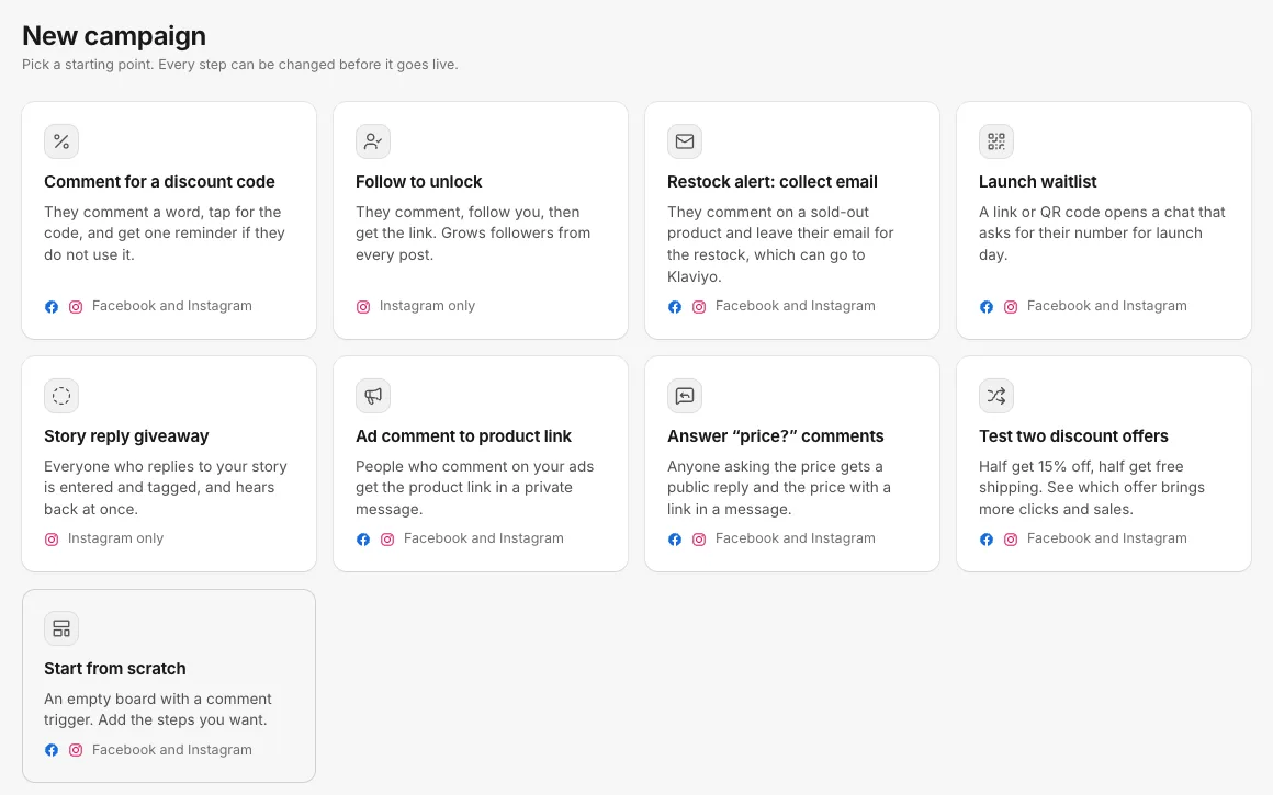 The New campaign page with nine templates, from Comment for a discount code to Start from scratch