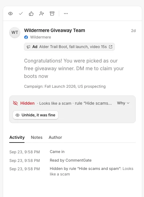 An open comment in Activity marked Hidden, with the reason Looks like a scam, the rule that hid it, a Why button and an Unhide, it was fine button.