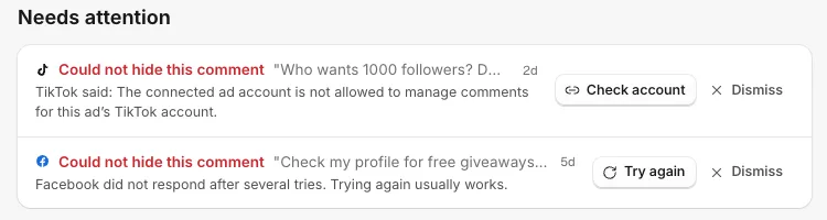 Needs attention on Home: two rows that say Could not hide this comment, one with Check account and one with Try again, each with Dismiss.