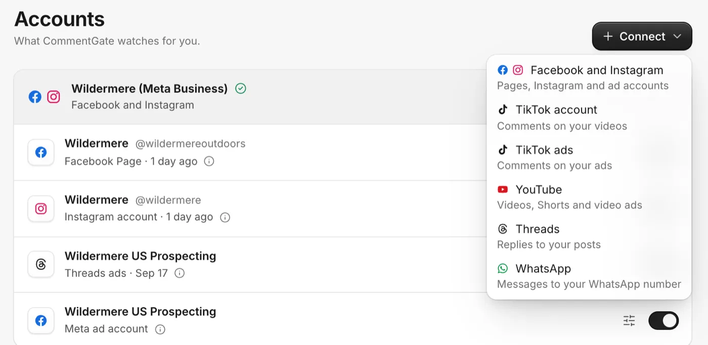 The Accounts page with the Connect menu open, listing Facebook and Instagram, TikTok account, TikTok ads, YouTube, Threads and WhatsApp.