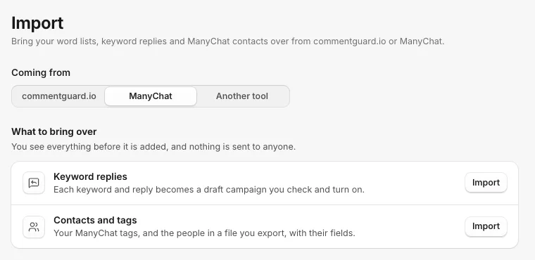 Settings, Import, with ManyChat picked under Coming from, and Import buttons for Keyword replies and Contacts and tags