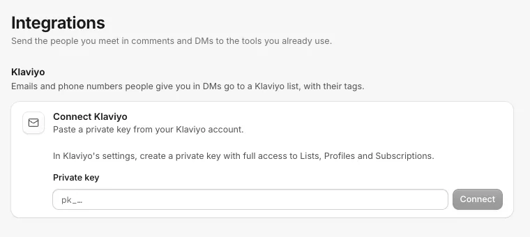 Settings, Integrations, Klaviyo, with the Connect Klaviyo row asking for a private key