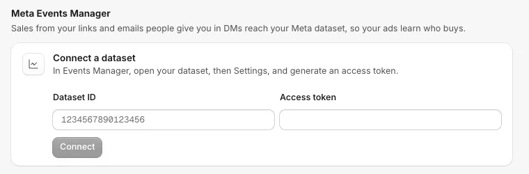 Settings, Integrations, Meta Events Manager, with fields for the Dataset ID and Access token