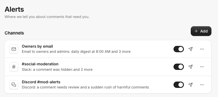 Settings, Alerts, with three channels: Owners by email, a Slack channel and a Discord channel, each with a switch, a send-a-test button and a menu