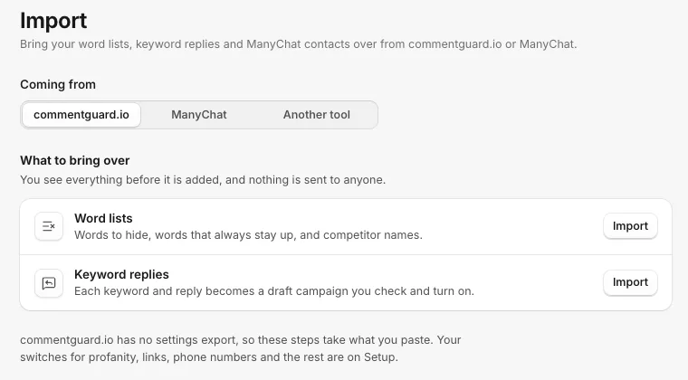 The Import page: Coming from commentguard.io, ManyChat or Another tool, then Word lists and Keyword replies, each with an Import button.